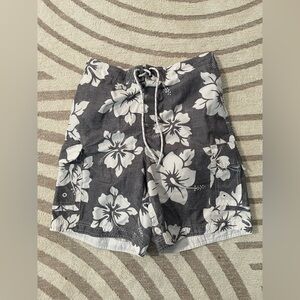 Floral Gray and White Swim Trunks